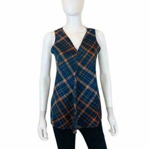 Calvin Klein Womens Blue Range Checked V-Neck Sleveless Blouse Size Medium M